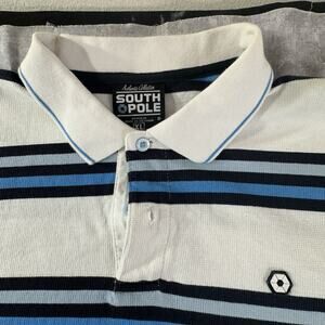 Southpole Shirt Mens XL White Blue Striped Polo Y2K Style Baggy Navy Trim